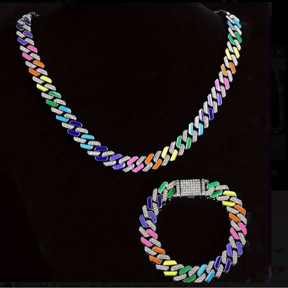 Hip Hop Chain 2pcs Colorful Cuban Link Chain Necklaces,Silvery Plated - Picture 3 of 4